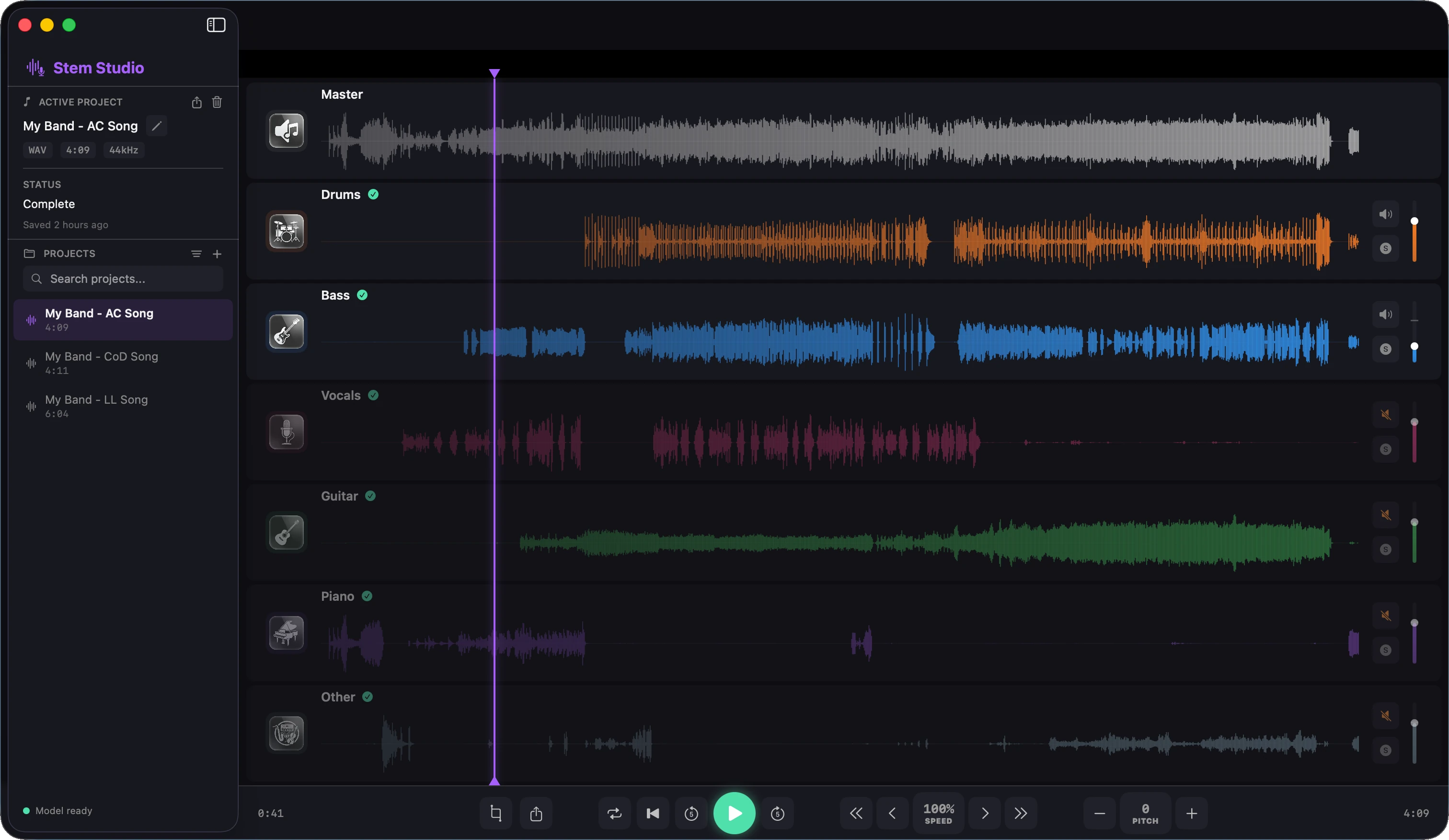 Stem Studio main interface showing waveform tracks for vocals, drums, bass, guitar, piano and other stems